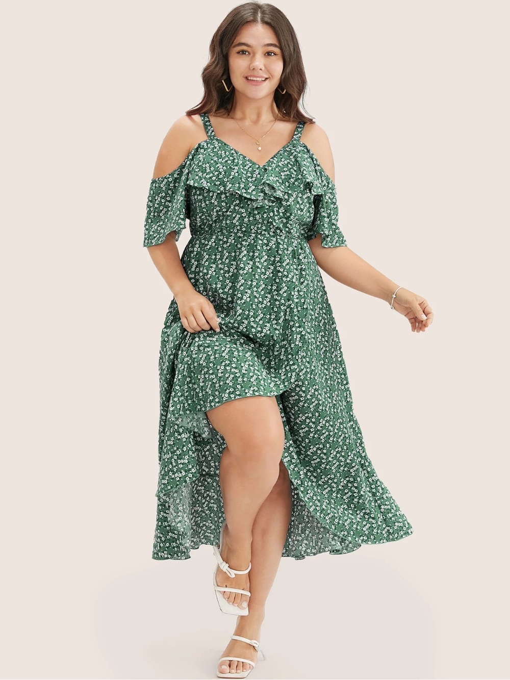 NWT! BloomChic Ditsy Floral Pocket Wrap Cold Shoulder Ruffle Dress Size 2X - Picture 2 of 4